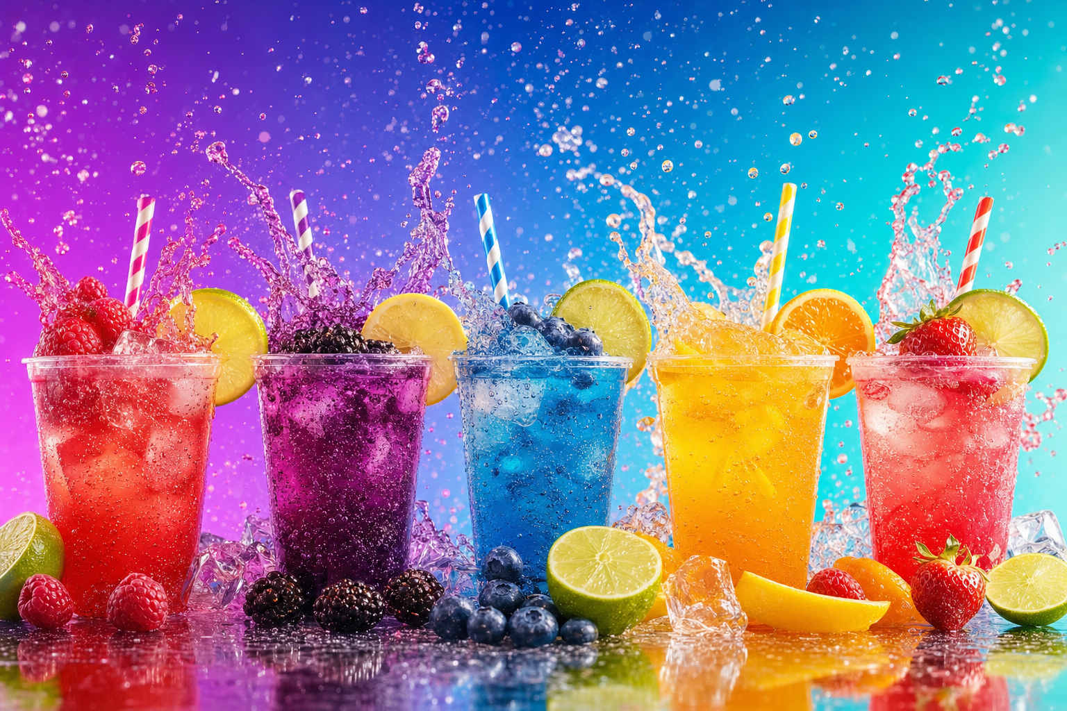 A row of colorful dirty sodas splashing with fizz, garnished with fresh fruit